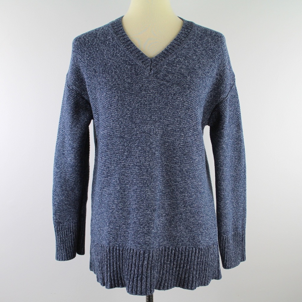 Everlane Blue White Marled Cotton Knit V-Neck Pullover Loose Fit Sweater S